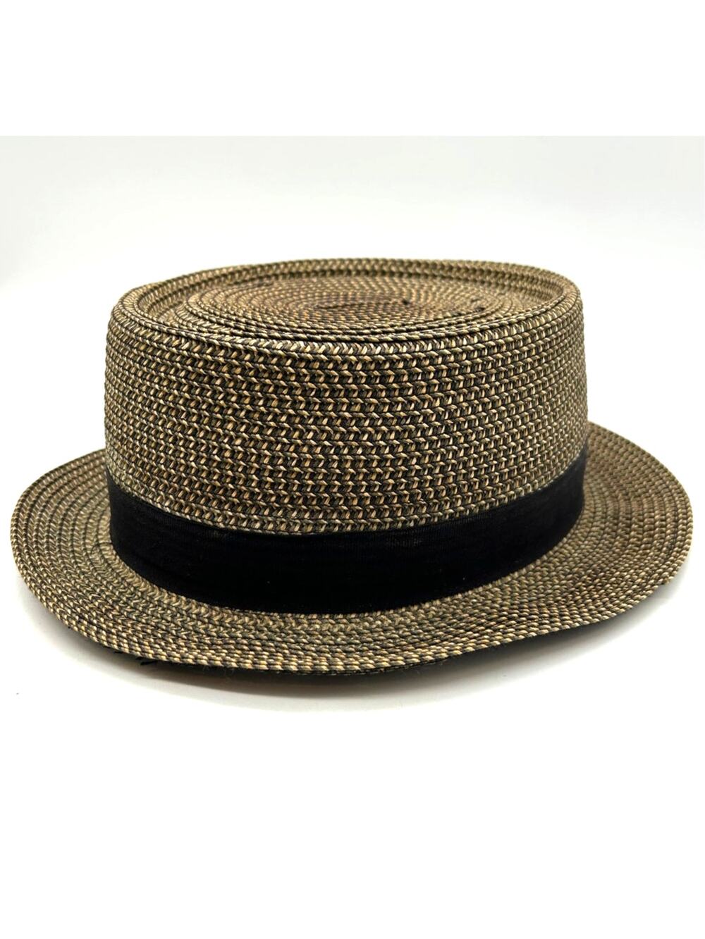 Sean John Mens Paper Straw Boater Porkpie Hat Black Grosgrain Band M/L 23"